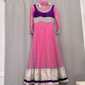 Floor length anarkali heavy pink and purple stone work Bollywood dress